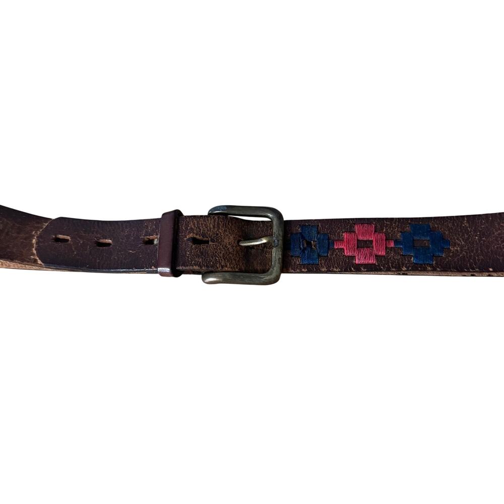 Womens Size 38 Pink Blue Embroidered Brown Leather Western Geometric Rodeo Belt